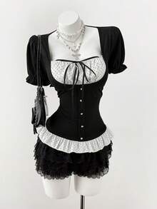 Sunspun 大码夏季休闲波点印花拼接T恤 - 黑與白 - 查看 1