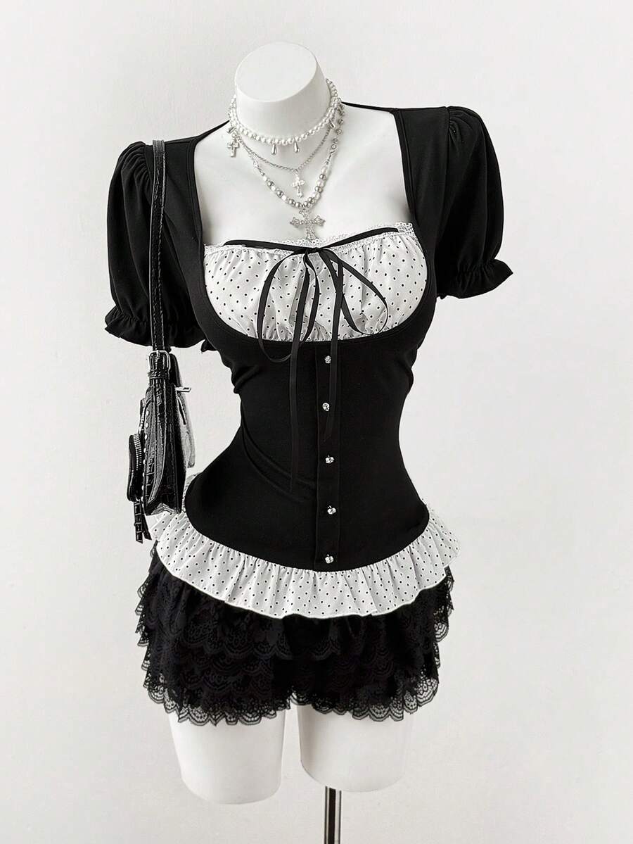 Sunspun 大码夏季休闲波点印花拼接T恤 - 黑與白 - 查看 1