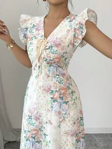 Elenzga Đầm bodycon cạp cao thêu hoa thanh lịch cho nữ, mùa xuân và mùa hè, tay lửng, dây rút - Nhiều màu - Xem 6