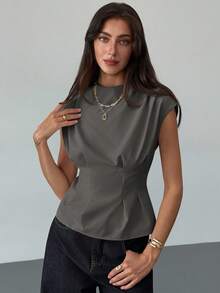 Aloruh Women's Solid Color Round Neck Ruched Design Casual Blouse - Grey - View 3