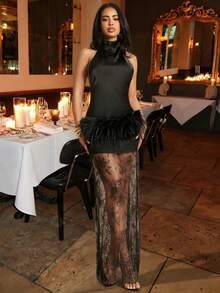 Silquee 女士优雅迷人性感派对连衣裙，黑色蕾丝拼接薄纱下摆露背挂脖式 - 黑色 - 查看 8