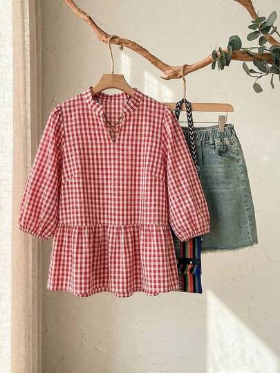 Linhara Plus Size Women Short Sleeve Top, Linen-Like Plaid, Front Waist Pleated, 3/4 Sleeve With Elastic Cuff, Loose Straight Silhouette, Casual & Commuter Friendly