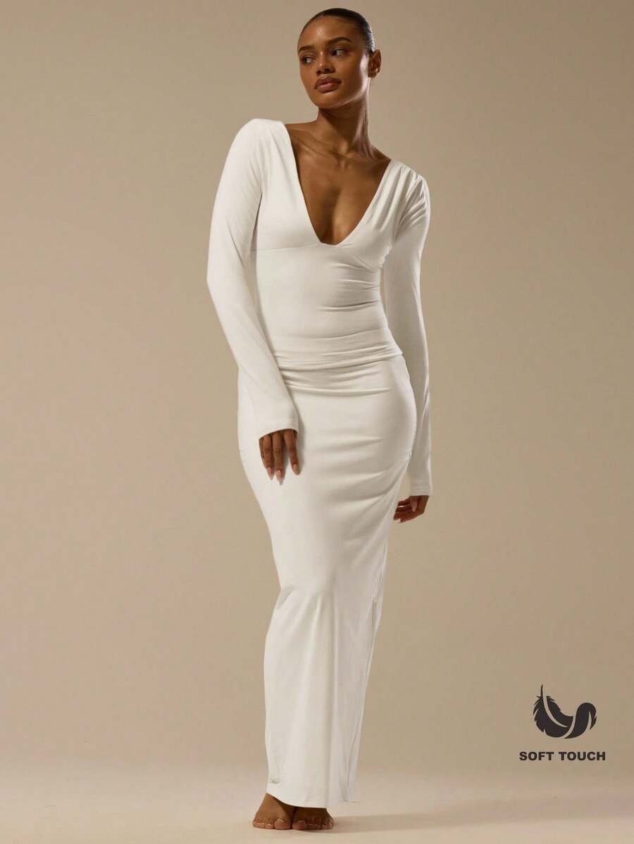 MUSERA ESSENTIALS 修身柔软触感长裙，优雅基础款，性感柔软触感，太妃糖色，时尚别致，夏季必备 - 奶油色 - 查看 1