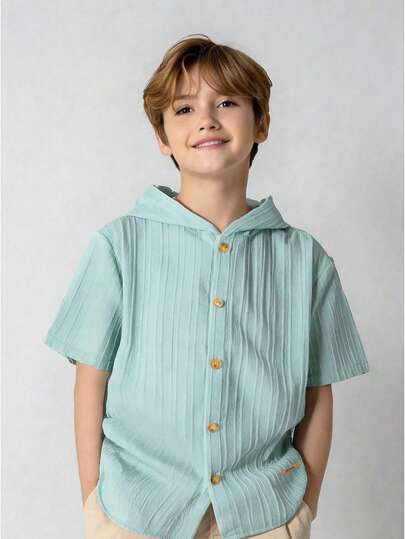 Tween Boy Casual Korean Style Textured Fabric Hooded Short Sleeve Shirt, Suitable For Commuting, School, Daily Casual Wear, Sports, Spring/Summer