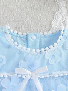 Glamorique Kids 1件女婴花卉刺绣网纱荷叶边圆领无袖A字连衣裙，可爱甜美风格，适合夏季日常穿着、旅行、摄影、派对、生日等场合。 - 藍色 - 查看 5