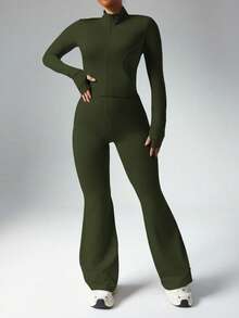 Slayform Women's Plus Size Casual Zip-Up Jacket With Thumb Hole And High Waist Flare Pants 2 Pieces Set - Army Green - View 5