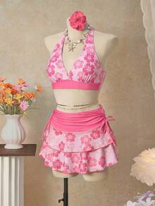 Bellisia 26SS Orange Halter Neck Triangle Bikini Top dengan Rok Senada, Set 3 Potong, Pakaian Pantai/Resort - Berwarna merah muda - View 2