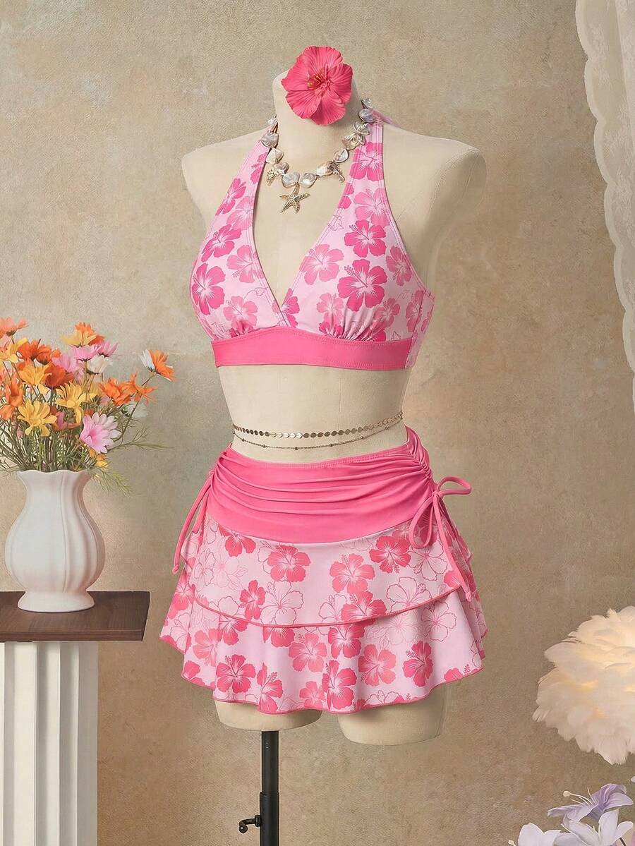 Bellisia 26SS Orange Halter Neck Triangle Bikini Top dengan Rok Senada, Set 3 Potong, Pakaian Pantai/Resort