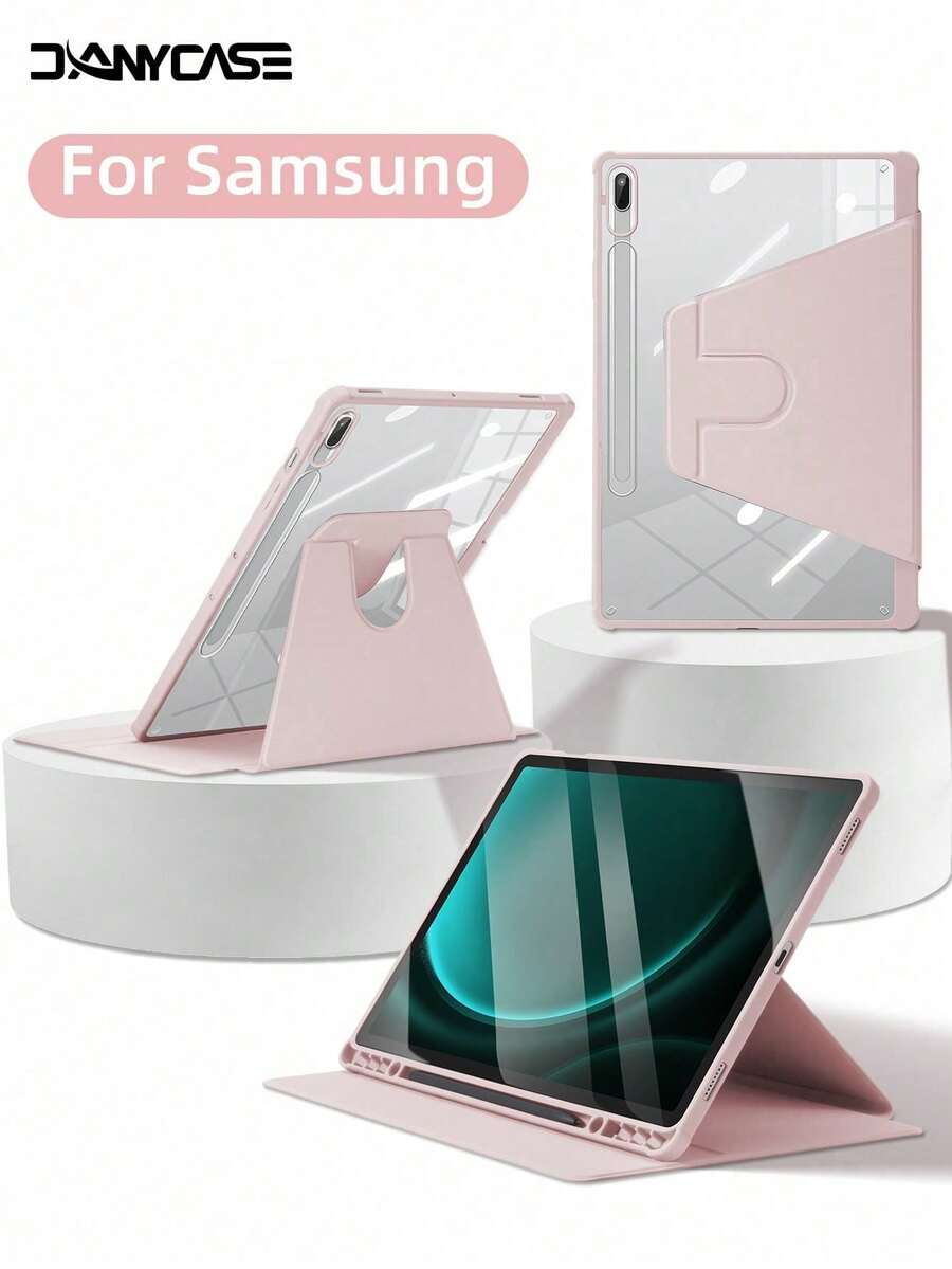 1个/DANYCASE 镜面超薄旋转保护套,兼容三星 Galaxy Tab S9 FE+ S9+ 12.4 英寸 S9 S9FE A8 S7+ S8+ S7FE S7 S8 S6lite,带笔槽设计,防震保护套,透明后盖 - 粉色 - 查看 1