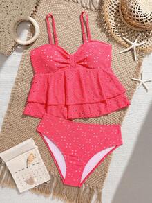 SHEIN 镂空纯色两件式泳衣，适合海滩、度假村和温泉穿着 - 玫紅色 - 查看 3