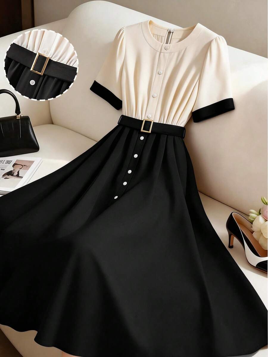 GlowEve CURVE Women's Plus Size Woven Fabric Turndown Collar Regular Shoulder Short Sleeve Ruched Loose Straight Shoulder A-Line Maxi Dress, Spring French Style Dress Black And White Dress Black And White Dress Women Women's Midi Dress Button Dress Two Tone Dress - Multicolor - View 1