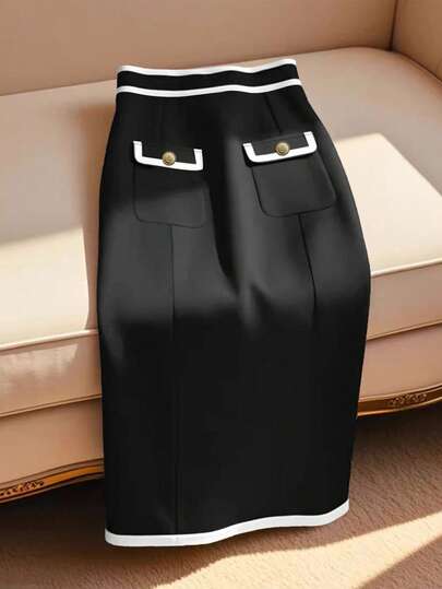 SHEIN Clasi Plus Size Women Elegant Office Pencil Skirt With Pockets Black And White Skirt Black Skirt For Women Work Skirt Church Skirts