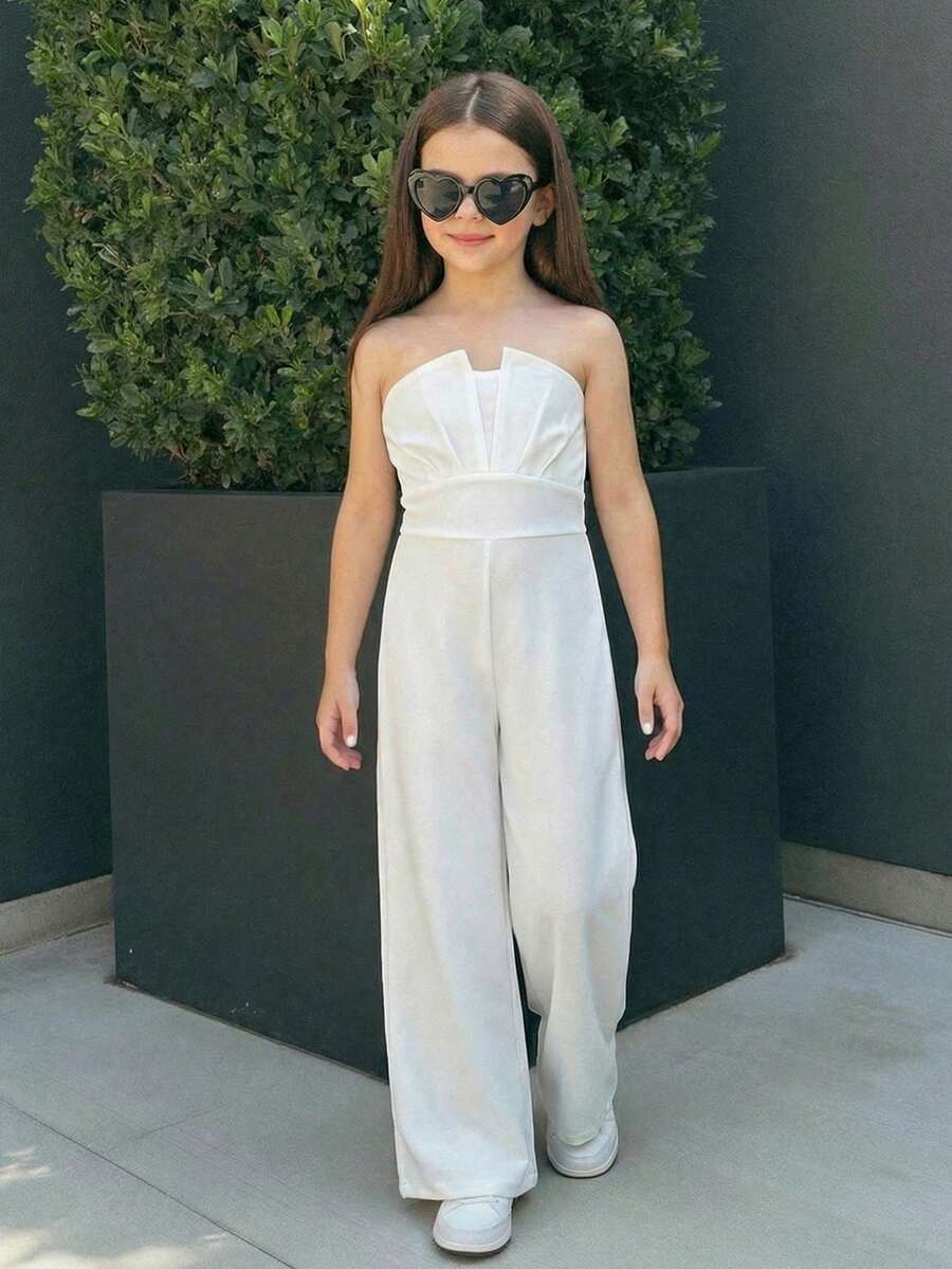 Serisse Kids Bộ đồ hai mảnh màu trắng thanh lịch dành cho bé gái tuổi teen, gồm áo croptop không dây bất đối xứng và quần ống đứng cạp cao có gọng giả. - trắng - Xem 1