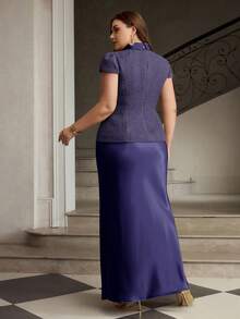 ZEYLAH Set de 2 piezas: Top elegante de patchwork de tweed y falda de sirena de satén - Azul Marino - Ver 3