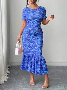 Elenzga June Release Plus Size Women Floral Print Elastic Knit Dress, Round Neck Short Sleeve Fitted Dress - Blue - View 3