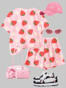 Bộ áo thun ngắn tay cổ tròn và quần short màu hồng kem, họa tiết hoa dâu tây ngọt ngào dành cho bé gái tuổi teen, thoải mái, phù hợp cho mặc hàng ngày vào mùa xuân/hè, đi nghỉ mát, lễ hội, đi chơi, mang đến không khí mùa xuân, không khí mùa hè, trang phục mùa xuân & hè, dễ chịu, bộ đồ bé gái sành điệu, trang phục thường ngày, quần áo trẻ em họa tiết hoa, bộ đồ mùa xuân & hè, phong cách mới, thư giãn, kỳ nghỉ hè thư thái, bộ đồ dâu tây nữ tính, bộ đồ mùa hè dễ thương cho bé gái, trang phục dâu tây dễ thương cho bé gái. - Nhiều màu - Xem 3