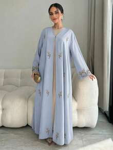 Yasmyna Áo Abaya dài tay có mũ trùm đầu thêu hoa dành cho nữ - Màu xanh nhạt - Xem 6