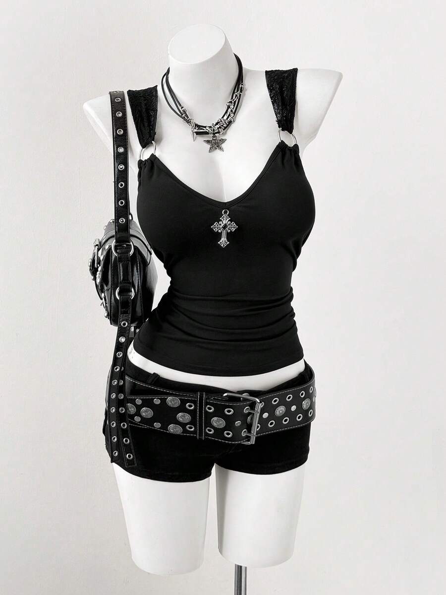 Sunspun Sleeveless Lace Sexy Camisole Top, Spring/Summer - Black - View 1