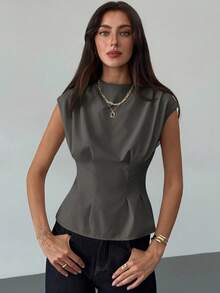 Aloruh Women's Solid Color Round Neck Ruched Design Casual Blouse - Grey - View 8