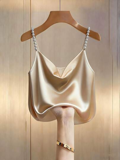 Ellegaria. Women's Faux Pearl Strap, Glossy Fabric, Elegant Scoop Neck Camisole