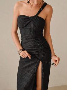 Swim Oasis Spring/Summer New Women's One-Piece Swimsuit Set, Black Special Textured Fabric, Asymmetric Shoulder Strap Crossover Design Swimsuit And Side Slit Ruched Tie-Up Maxi Skirt, Elegant Conservative Style Suitable For Beach, Pool Party - Black - View 3