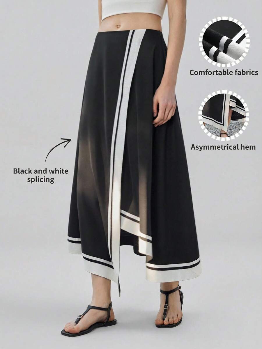 Ontre 女士黑白撞色舒适柔软高端面料哑光破洞卡纸修身腰带设计不对称下摆设计现代都市商务休闲，高品质机场休闲低调复古高端邮轮，中东简约奢华百搭必备时尚半身裙 - 黑與白 - 查看 1