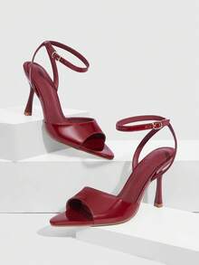 CUCCOO SZL Sandal Wanita Ujung Lancip Hak Stiletto Warna Burgundy dengan Tali Pergelangan Kaki Terbuka, Sepatu Pesta Seksi Minimalis untuk Beraktivitas di Luar Ruangan, Sepatu Musim Semi - Burgundy - View 2