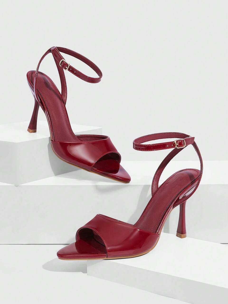 CUCCOO SZL Women's Pointed Toe Stiletto Heel Burgundy Open Toe Ankle Strap Sandals, Minimalist Commuting Fashion Sexy Party Heels Spring Shoes