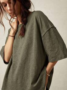 Bohemela Casual Solid Color Knit Round Neck 3/4 Sleeve Loose Washed T-Shirt - Olive Green - View 8