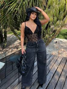 SHEIN SXY 黑色性感透视网纱连体衣 - 黑色 - 查看 1