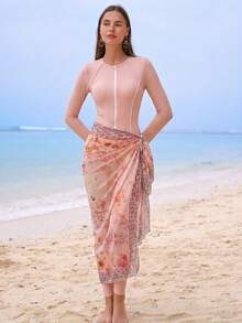 Swim Shayni Summer Beach Women's One-Piece Swimsuit SetArabic Clothing - Pink - View 4