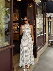 Pariaura Women's Polka Dot Pattern Pleated Halter Elegant French Style Dress - Green - View 5