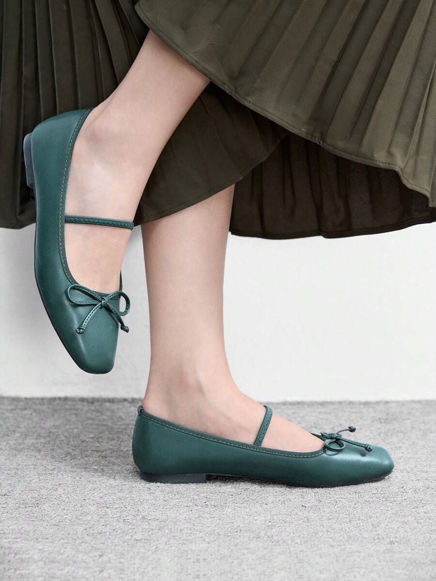 CUCCOO BIZCHIC Giày lười nữ đế bằng màu trơn, kiểu dáng thường ngày, có nơ trang trí, thích hợp cho dịp Giáng sinh. - Màu xanh lá cây đậm - Xem 1