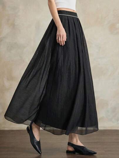 Ontre Chân váy vải dệt dành cho nữ, mẫu mới Xuân/Hè 2026, lãng mạn cho ngày Valentine, mùa cưới, tiệc tùng, thiết kế xếp ly, màu đen, dáng chữ A, thời trang và đa năng.