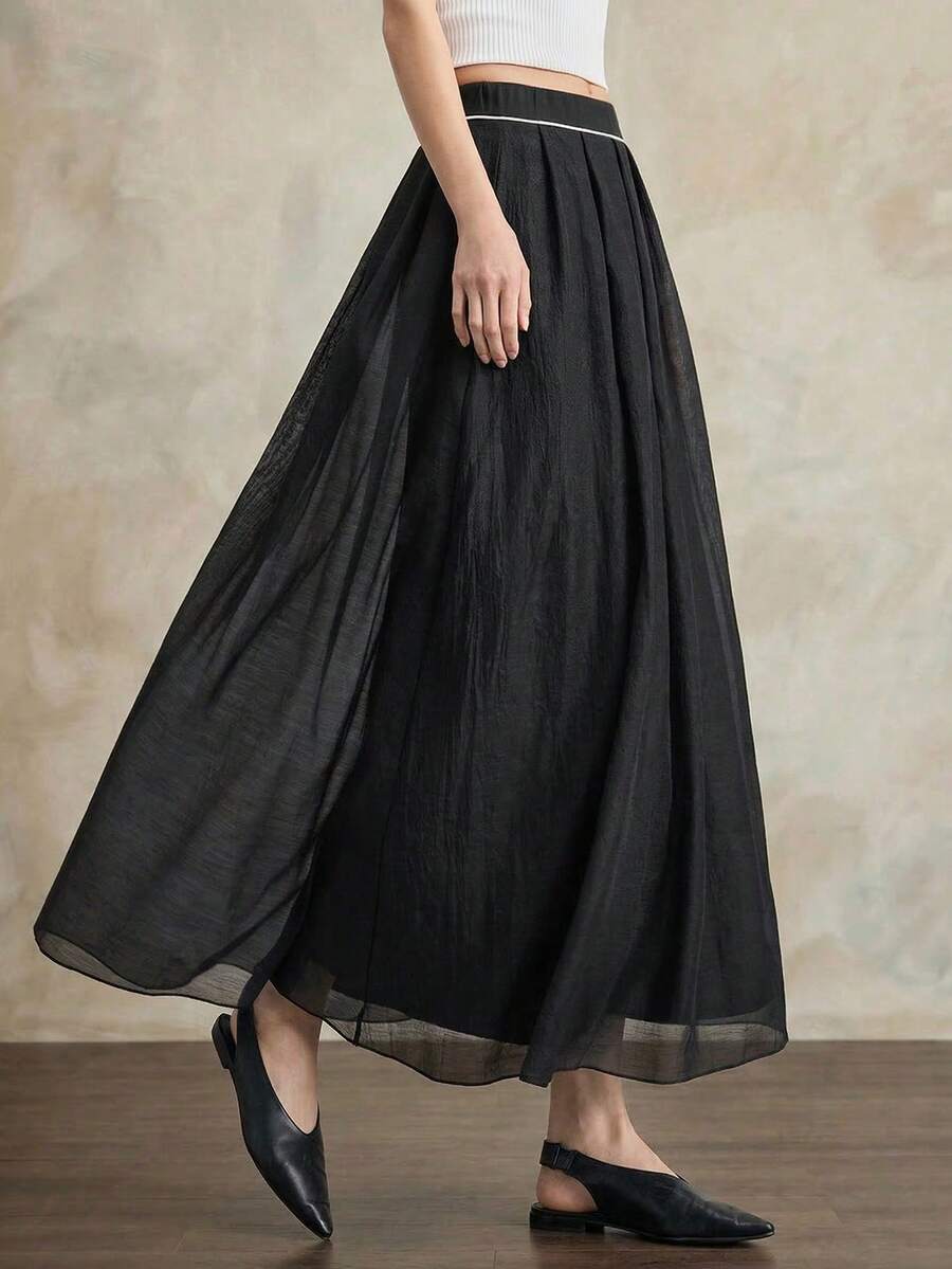 Ontre 2026新款春夏女式梭织半身裙，浪漫情人节、婚礼季、度假派对，百褶设计，黑色，A字廓形，时尚百搭 - 黑色 - 查看 1