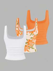 EMERY ROSE 3pcs Plus Size Women's Casual Solid Color & Full Printed Pattern Sleeveless Tank Top Set, Summer - Multicolor - View 2