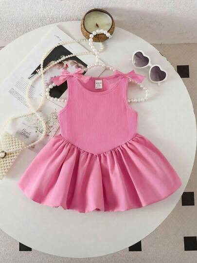 SHEIN Baby Girl Cute Pink Knitted Sleeveless Romper For Summer