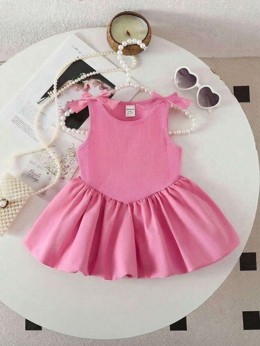 SHEIN Baby Girl Cute Pink Knitted Sleeveless Romper For Summer - Hot Pink - View 1