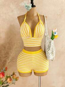 Roelina Áo croptop nữ gợi cảm hở lưng kẻ sọc, buộc dây phía trước, thích hợp cho kỳ nghỉ biển. - Màu vàng - Xem 1