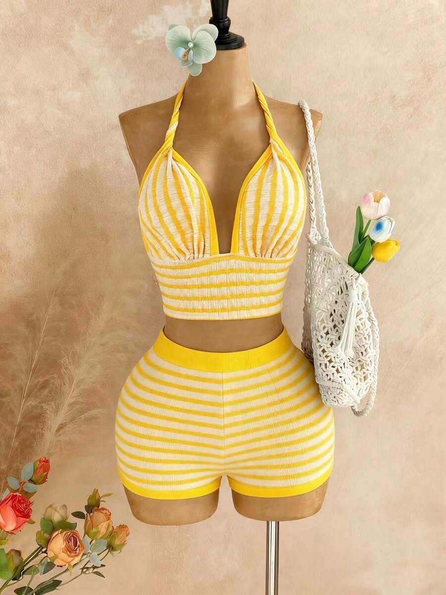 Roelina Áo croptop nữ gợi cảm hở lưng kẻ sọc, buộc dây phía trước, thích hợp cho kỳ nghỉ biển. - Màu vàng - Xem 1