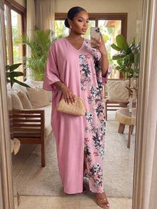 SHEIN Lady CURVE  Plus Size V-Neck Long Sleeve Solid Color Pink Flowers Patchwork Loose Casual Dress, Summer - Pink - View 3