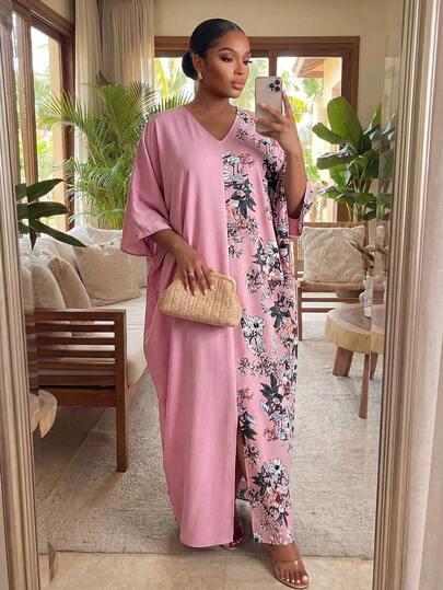 SHEIN Lady CURVE 大码 V 领长袖纯色粉色花朵拼接宽松休闲连衣裙，夏季