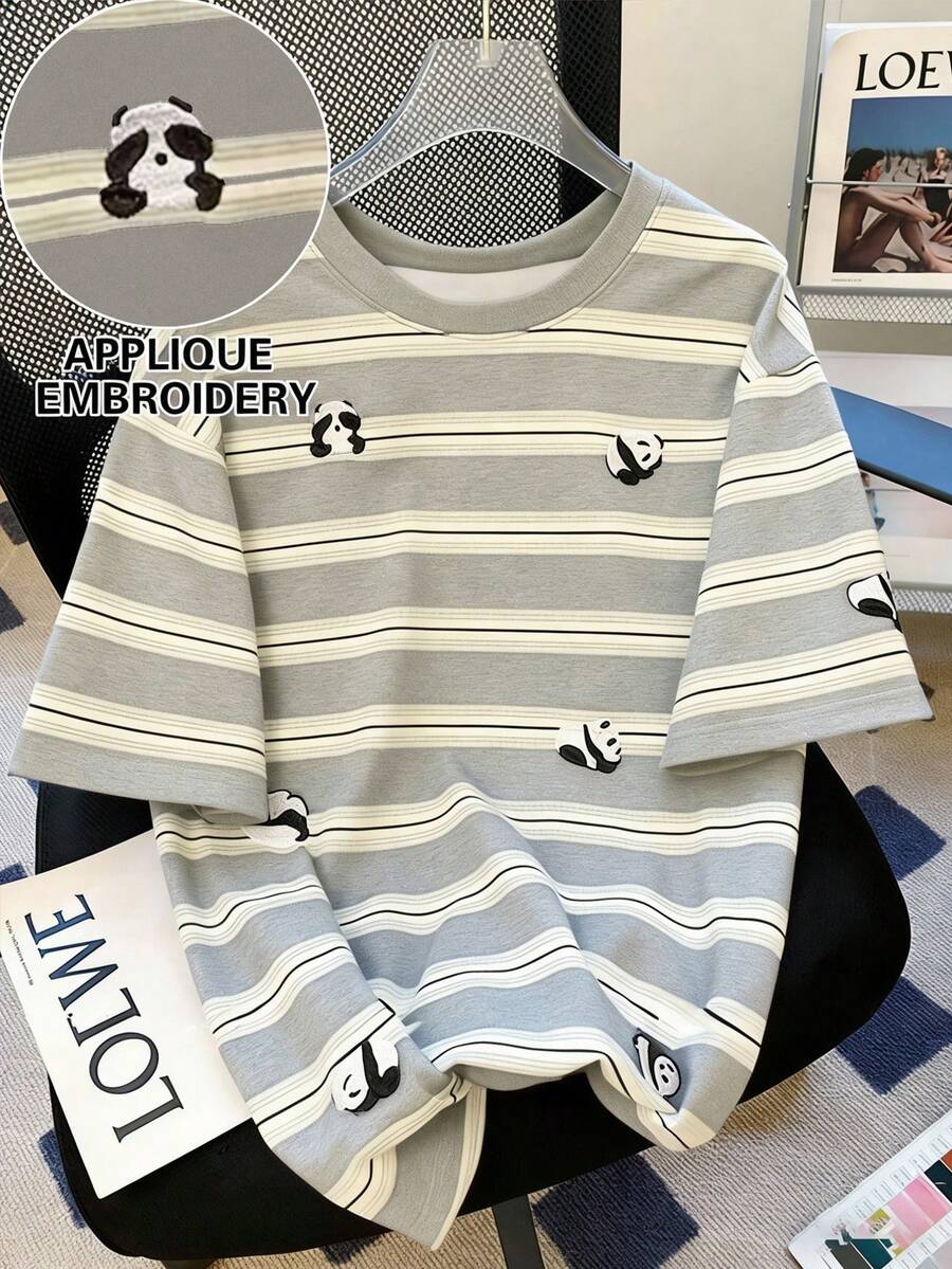 SHEIN 女士圆领时尚印花刺绣T恤 - 圆领休闲上衣 - 轻薄T恤，适合所有季节 - 灰色 - 查看 1