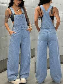 SHEIN Tall Women's Fashionable Casual Everyday Versatile Denim Bib Pants And Jumpsuit - Light Wash - View 1
