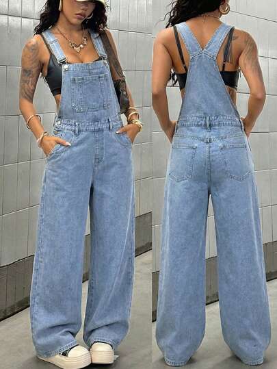 SHEIN Tall Women's Fashionable Casual Everyday Versatile Denim Bib Pants And Jumpsuit