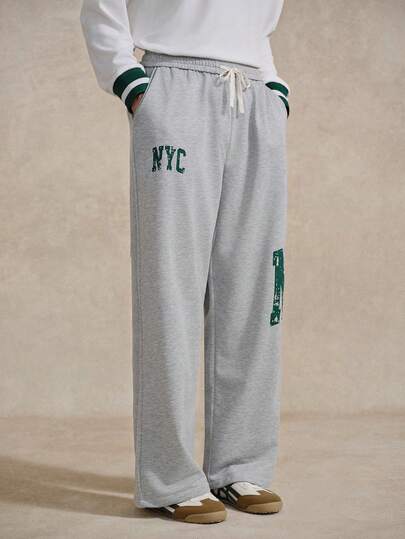 Courvante Men's Casual Letter Print Drawstring Waist Sweatpants Tenniscore Preppy