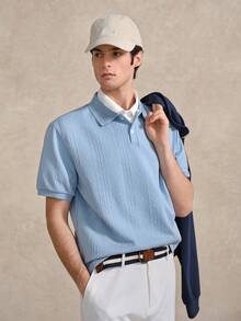 Manfinity 男士纹理针织 Polo 衫，浅蓝色/婴儿蓝纹理网球/高尔夫 Polo 衫，带口袋，透气，常规版型，父亲节礼物 - 淺藍色 - 查看 7