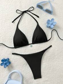 Soleia Women's Summer Vacation Metal Shell Decor Halter Bikini Set Beach Vacation Outfits For Women - Black - View 6