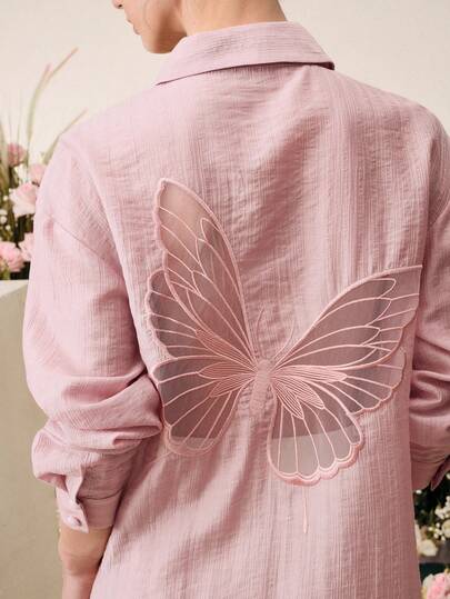 Anewsta Blusa elegante de vacaciones con bordado de mariposa beige para mujer, primavera/verano