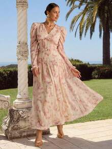 Enchnt Váy dài tay họa tiết hoa thanh lịch dành cho nữ - Hồng - Xem 1